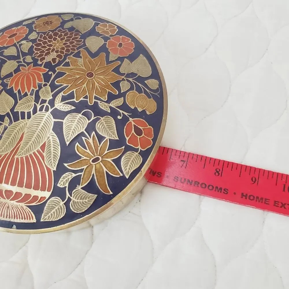 Vintage Floral Cloisonné Enamel Brass Round Lidded Trinket Box Canister Decor